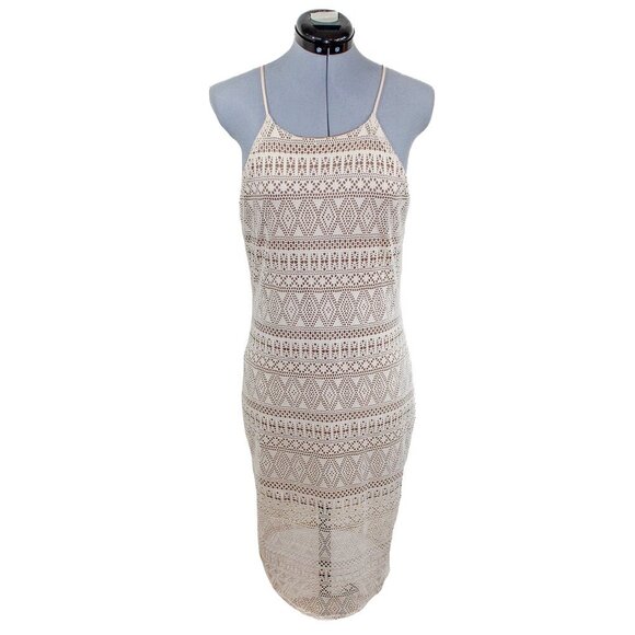 POETRY Medium Cream Tan Crochet Dress Midi Bodycon Lace Boho Illusion Neutral - Picture 1 of 4